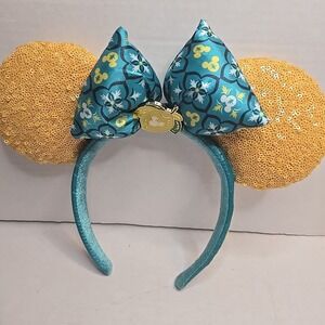 Disney Parks Minnie Mouse Ears Headband | Teal Jeweled Sequin Bow | Apple Charm